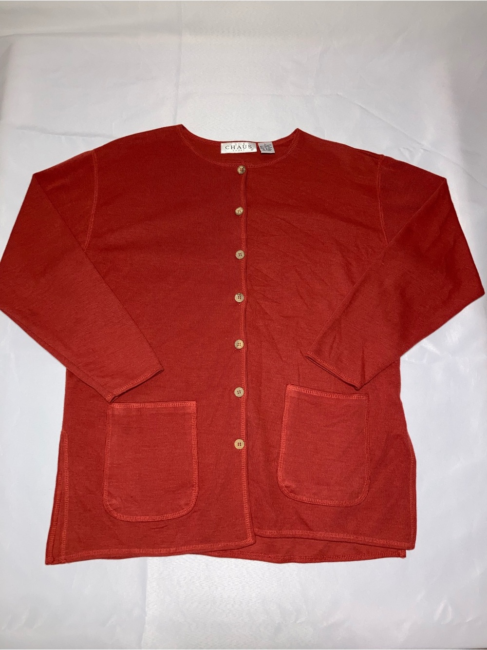 Chaus Women's Red Button-Front Cardigan with Patch Pockets and Round Neck